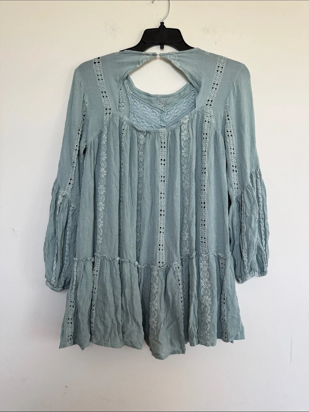 Free People Sage Blue Crochet Peasant Mini Dress